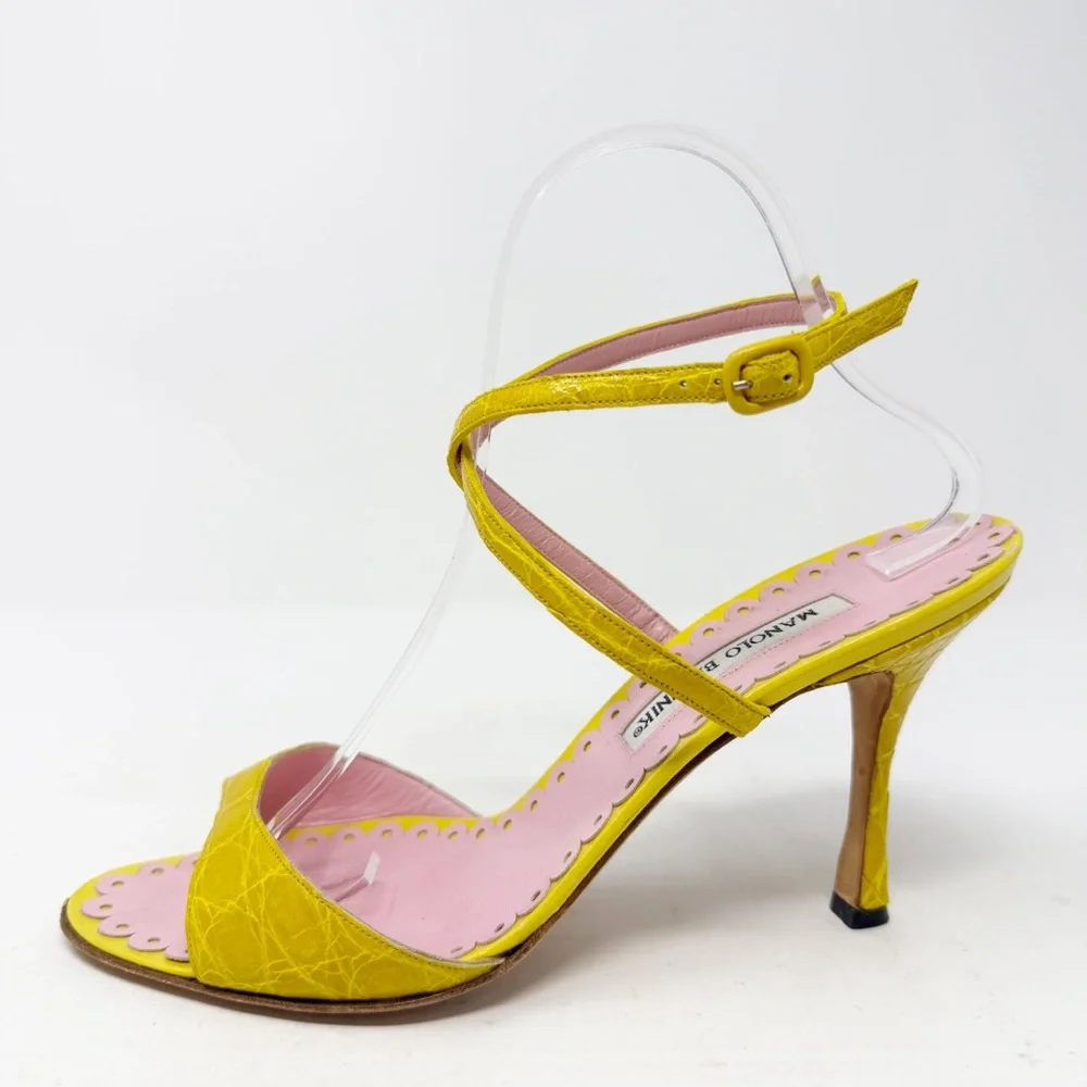 Manolo Blahnik Yellow Croc Embossed Strappy Sandals Pink Trim Womens Size EU 40